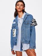 Shein Slogan Patches Destroyed Sleeve Denim Jacket