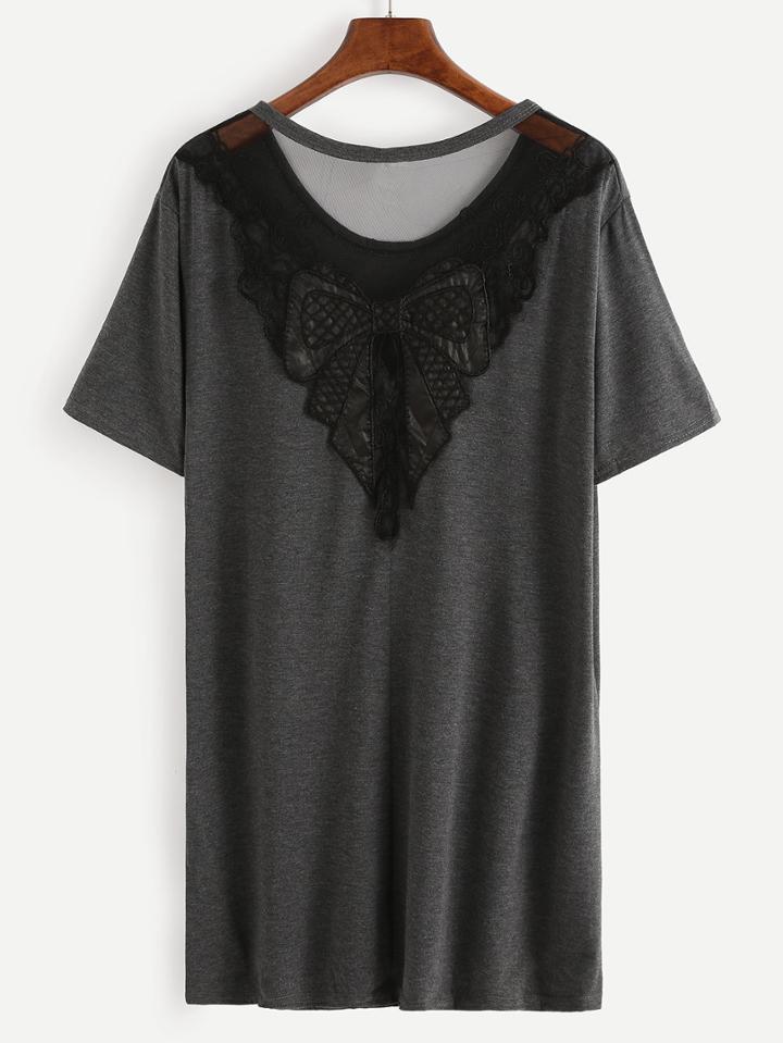 Shein Embroidered Mesh Insert Grey Tee Dress