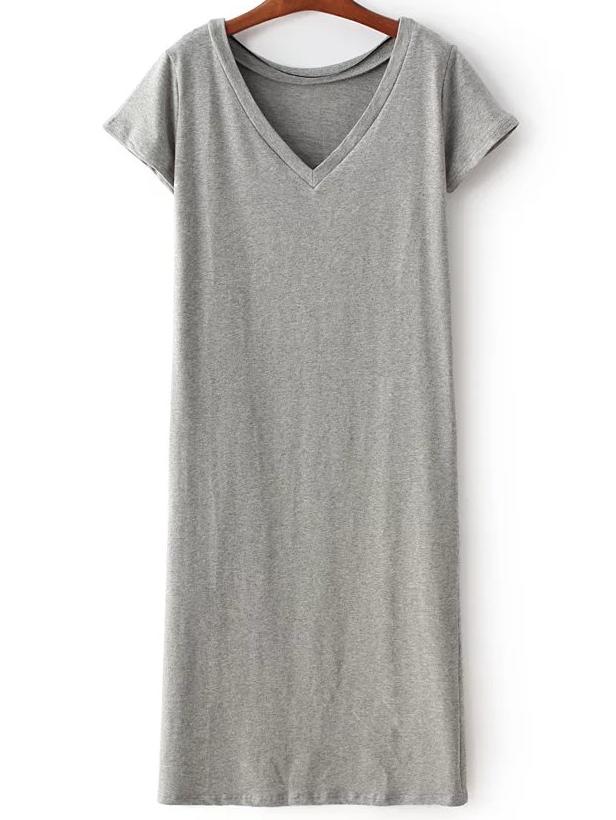 Shein Grey V Neck Plain Asymmetric T-shirt