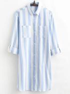 Shein Blue Vertical Striped Shirt Dress With Pocket