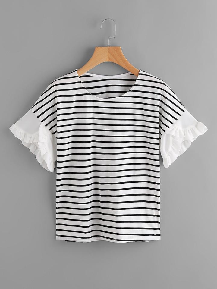 Shein Contrast Frill Cuff Striped T-shirt