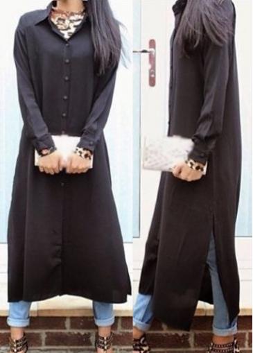 Rosewe Button Closure Turndown Collar Black Shirt