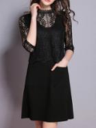 Shein Black Contrast Lace Pockets Combo Dress