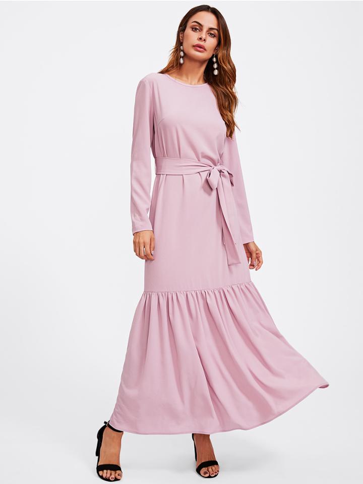 Shein Keyhole Back Self Belt Ruffle Hijab Long Dress