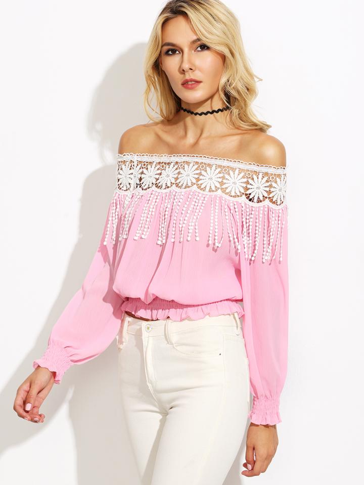 Shein Pink Off The Shoulder Lace Fringe Elastic Hem Top