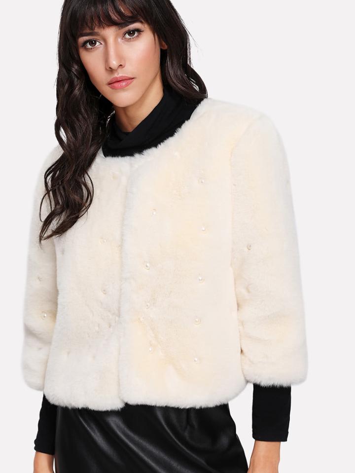 Shein Pearl Beading Faux Fur Coat