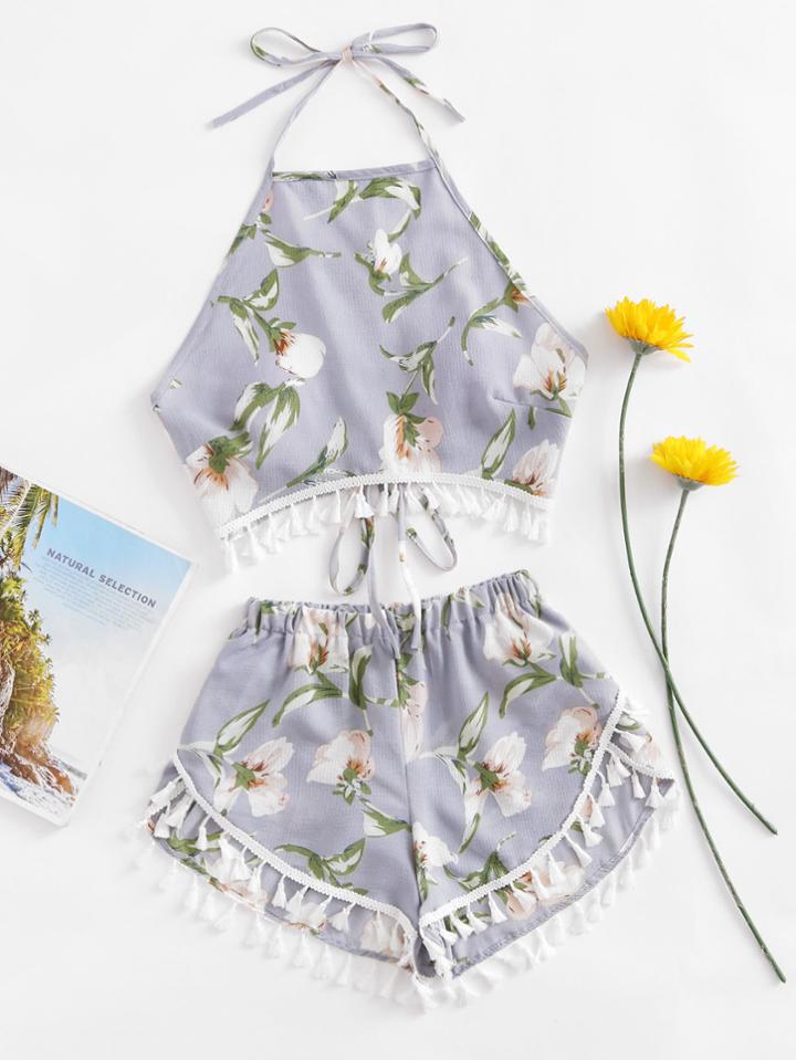 Shein Botanical Print Tassel Hem Halter Top With Shorts