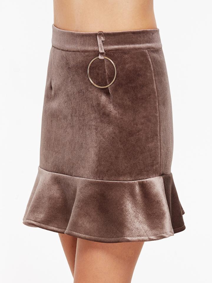 Shein Ruffle Hem Metal Ring Detail Zipper Back Velvet Skirt