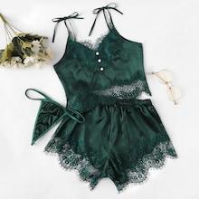 Shein Lace Trim Satin Cami Top & Shorts & Thong 3pack