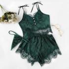 Shein Lace Trim Satin Cami Top & Shorts & Thong 3pack