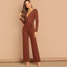 Shein Plunging Neck Self Belted Wrap Jumpsuit