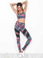 Shein Active Botanical Print Bra With Contrast Paneled Leggings