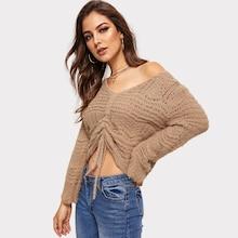 Shein Drawstring Front Eyelet Crop Sweater