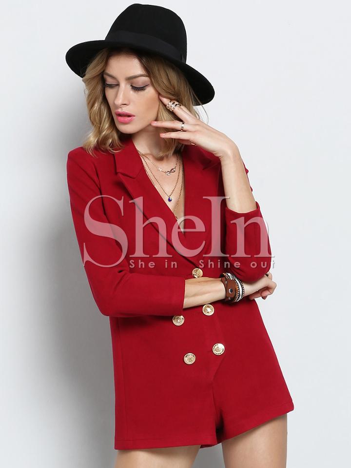 Shein Red Lapel With Button Jumpsuit