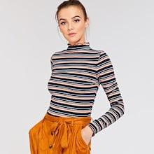 Shein Lettuce Trim Mock-neck Striped Fitted Tee