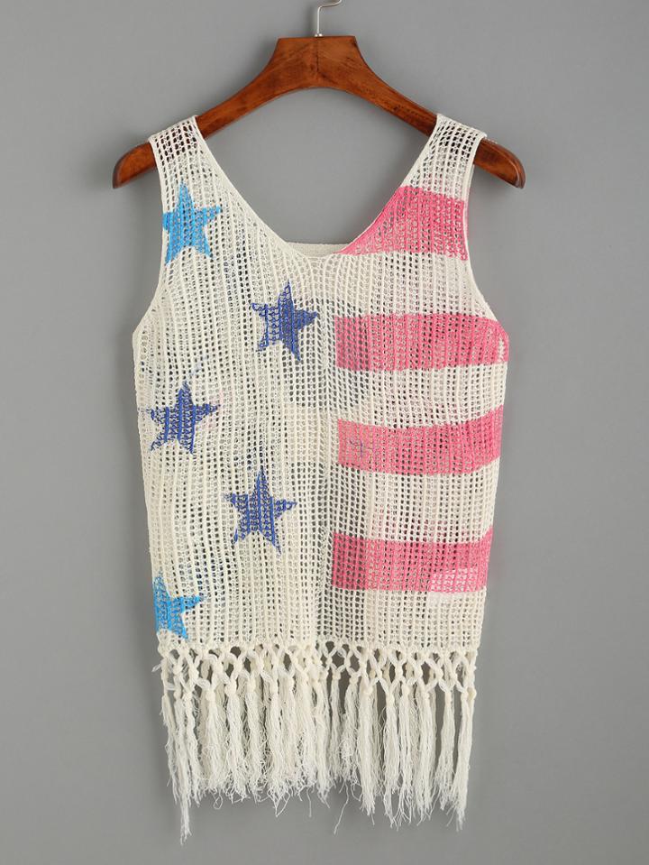 Shein Multicolor Cutout Back Fringe Hem Knitted Tank Top