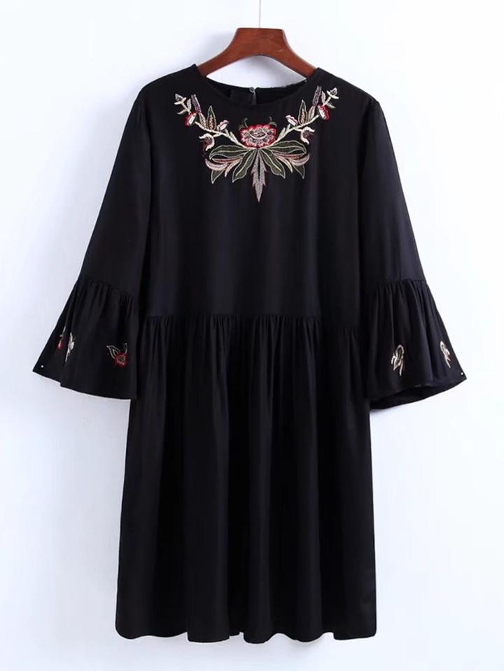 Shein Bell Sleeve Embroidery Dress