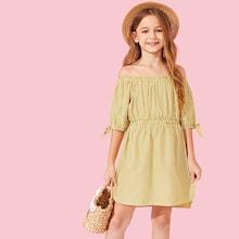 Shein Girls Off Shoulder Knot Cuff Striped Dress