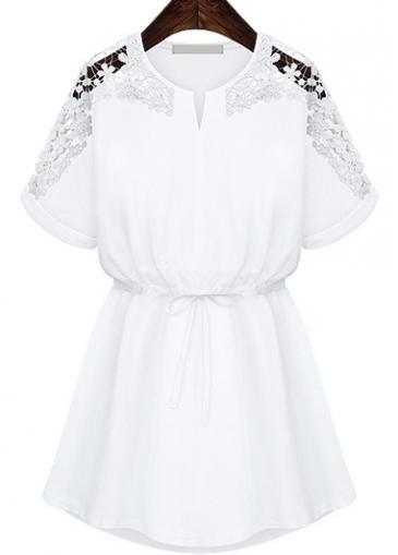 Rosewe Causal White Lace Splicing Mini Dress With Drawstring