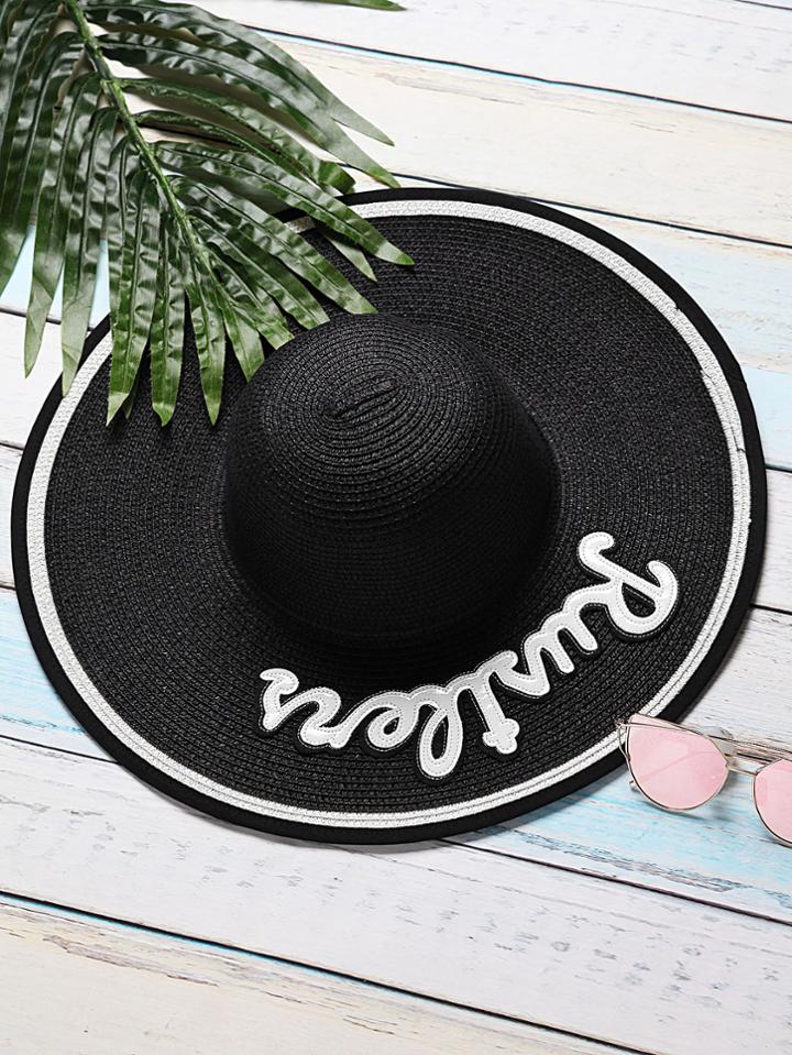 Shein Black Letter Patch Wide Brim Straw Hat