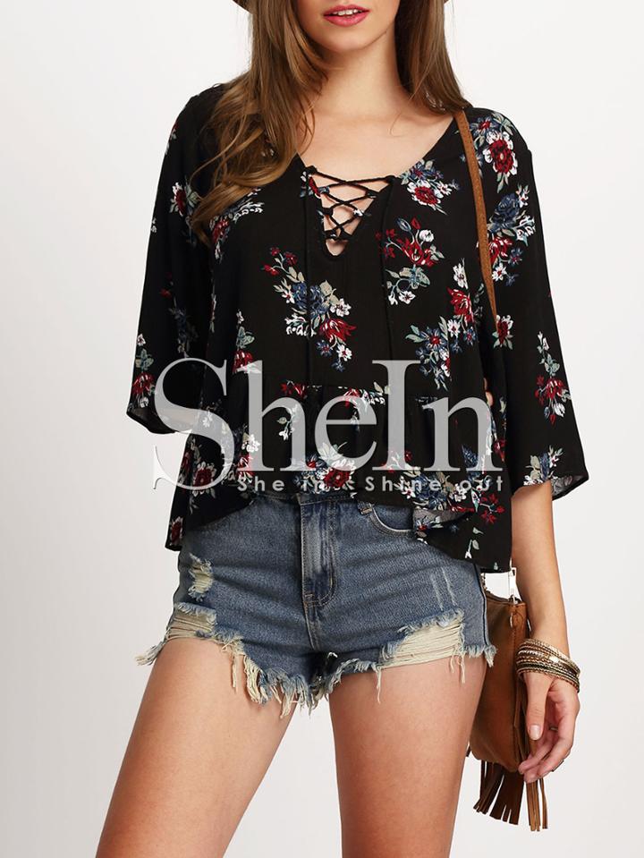 Shein Black Half Sleeve Lace Up Floral Print Blouse