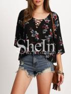Shein Black Half Sleeve Lace Up Floral Print Blouse