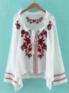 Shein White Drawstring Neck Embroidered Blouse