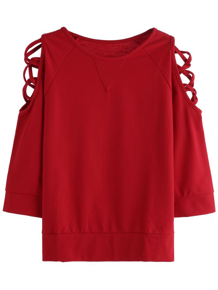 Shein Burgundy Lattice Sleeve T-shirt