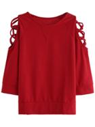 Shein Burgundy Lattice Sleeve T-shirt