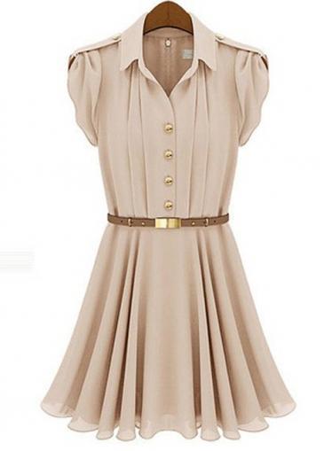 Rosewe Unicolor Short Sleeve Chiffon A Line Dress With Button