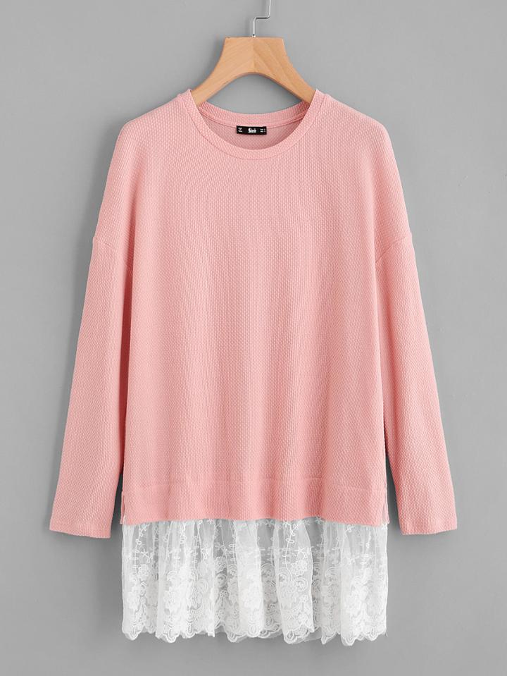 Shein Contrast Lace Trim Textured Tee