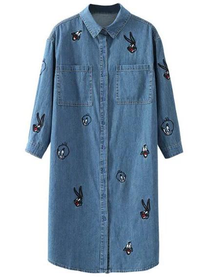 Shein Blue Embroidery Denim Shirt Dress