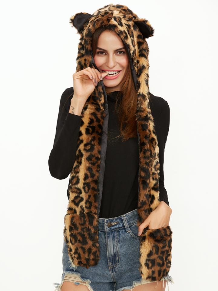 Shein Leopard Pattern Faux Fur Hood Hat With Pockets