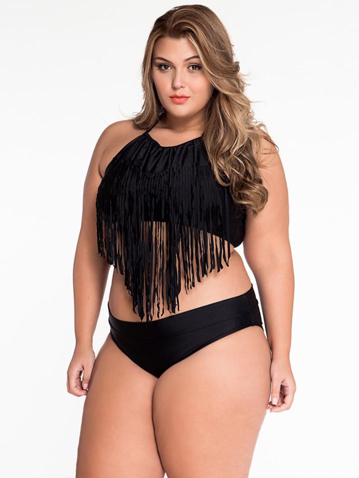 Shein Plus Size Fringe Halter Neck Bikini Set - Black