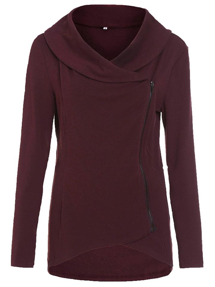 Shein Burgundy Cowl Neck Asymmetric Zip Coat