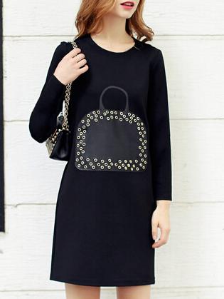 Shein Black Round Neck Bag Print Eyelet Dress