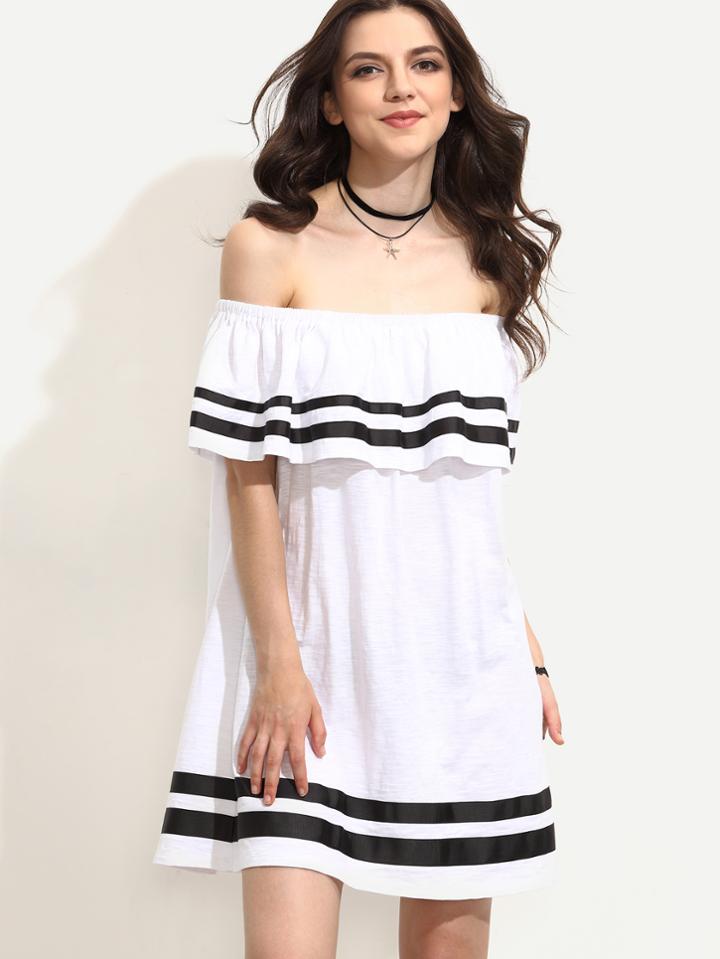 Shein White Striped Trim Ruffle Off The Shoulder Dress