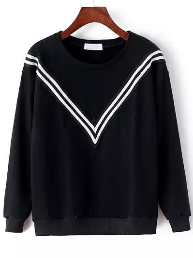 Shein Black Round Neck V Striped Sweatshirt