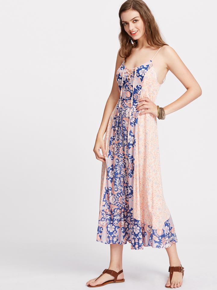 Shein Floral Lace Up Plunge Neck Paneled Cami Dress