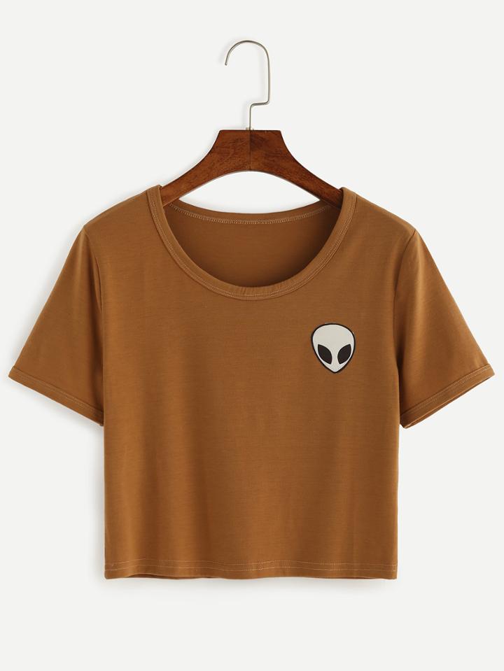 Shein Khaki Alien Print Crop T-shirt