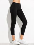 Shein Black Knee Ripped Letter Patch Leggings