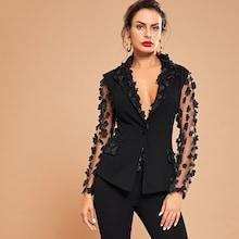 Shein Appliques Mesh Sleeve Buttoned Blazer