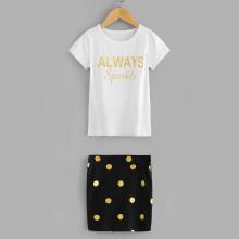 Shein Girls Letter Print Tee With Spot Skirt