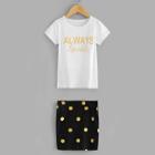 Shein Girls Letter Print Tee With Spot Skirt