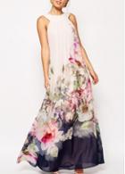 Rosewe Cutout Back Flower Print Chiffon Maxi Dress