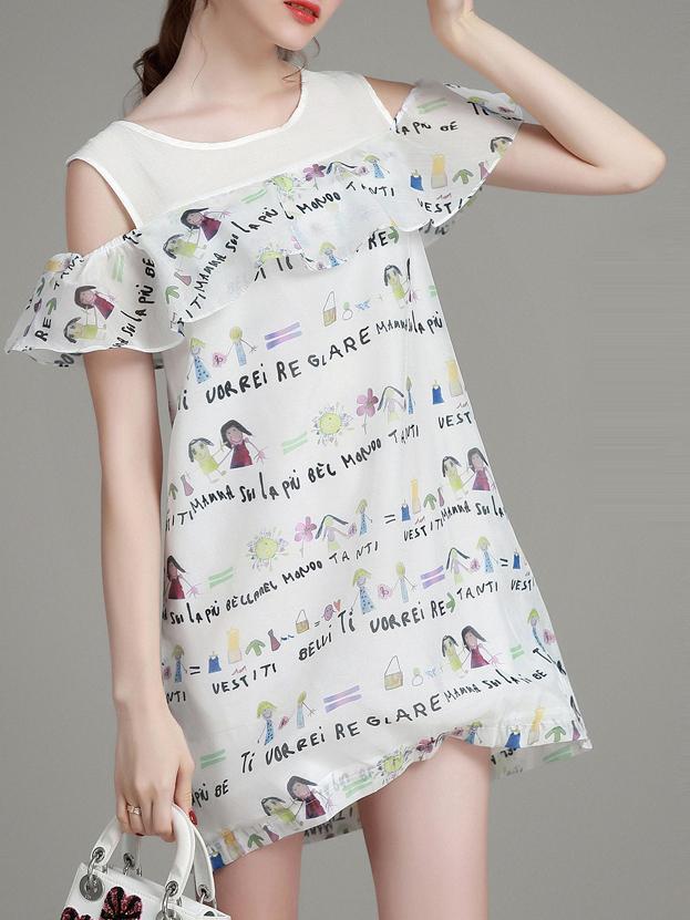 Shein White Open Shoulder Print Shift Dress