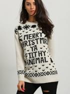 Shein Beige Letters Snowflake Print Sweaters