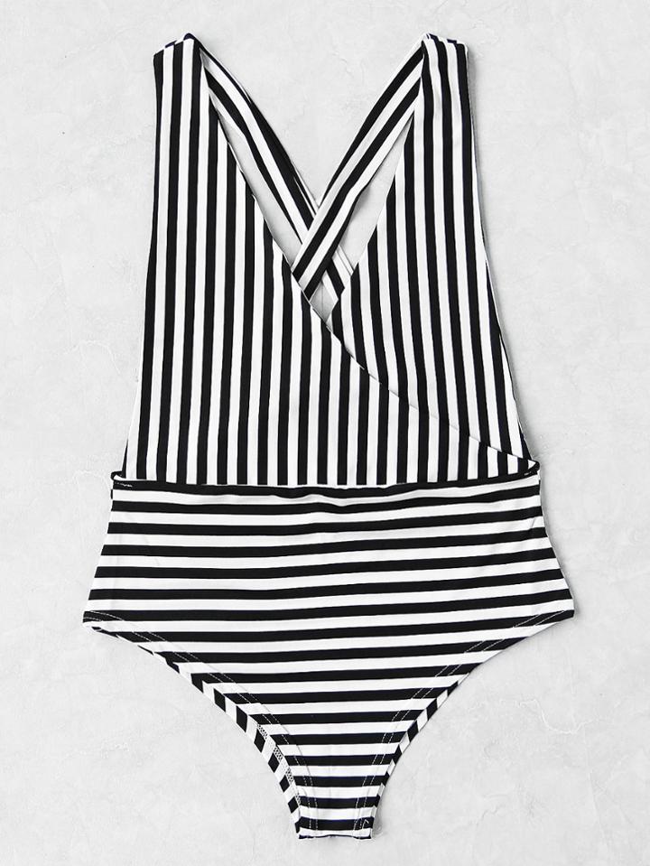 Shein Striped Print Cross Back Surplice Swimsuit