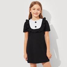 Shein Girls Buttoned Contrast Yoke Ruffle Dress