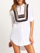 Shein White Lapel Tribal Embroidered Loose Blouse